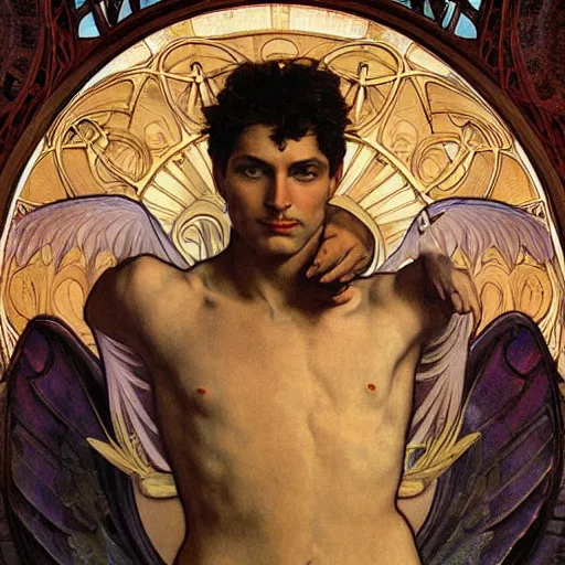 Prompt: Portrait stunning, breathtaking, awe-inspiring award-winning ground-breaking concept art nouveau painting of sophisticated portrayal of Lucifer, invincible and triumphant over the Heavens, with anxious, piercing eyes, exquisite and handsome wings, the morning star bright and splendor in the background, by Michelangelo, Alphonse Mucha, Michael Whelan, William Adolphe Bouguereau, John Williams Waterhouse, and Donato Giancola, cinematic, socialist realism, intricate detail, finely detailed, small details, extra detail, photorealistic, symmetrical, high resolution, 3D, PBR, path tracing, volumetric lighting, octane render, 8k, 3-point perspective, , unreal engine 5,DAZ, symmetrical, octane render, dynamic lighting, IMAX quality, polished, photoshopped, high resolution, , path tracing, volumetric lighting, Arnold render