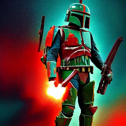 Prompt: Digital Art On Boba Fett, 8k, exquisite detail, by Christian Alzmann, Christian Alzmann art, Explosions, Colorful