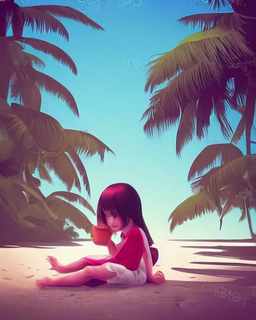 Image similar to a little girl sit beach. clean cel shaded vector art. illustration art by lois van baarle and helen huang and artgerm