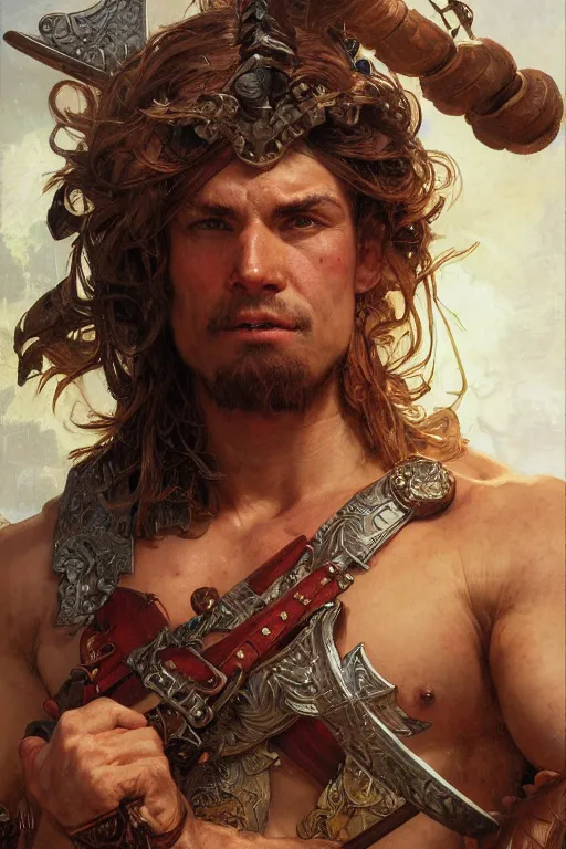 Image similar to closeup portrait of muscular male barbarian, intricate details, large sword, by Stanley Artgerm Lau, by greg rutkowski, by thomas kindkade, by alphonse mucha, loish, by norman rockwell J.