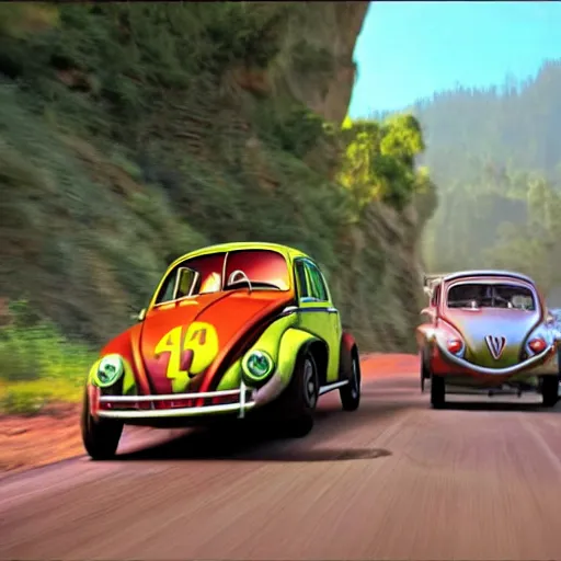 Image similar to promotional movie scene of a ( volkswagen beatle ) and lady bug hybrid. a volkswagen merged into a bug. it is racing down a dusty back - road. cinematic, 4 k, imax, 7 0 mm