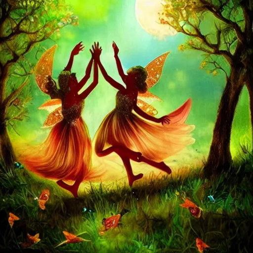 Prompt: Fairies dancing in the woods by full moon, realistic photo, surreal, beautiful, extremely detailed, trending on art station
