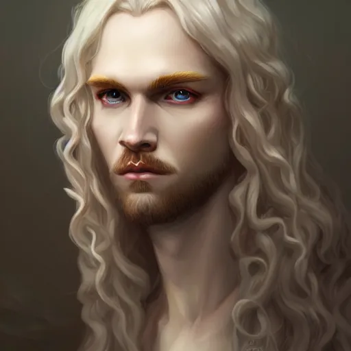 Prompt: Lucius the pale blond androgynous god of the sun, highly detailed, very very very long curly blond hair, extremely luscious curly blond hair, very very very pale white skin, digital painting, artstation, concept art, soft light, sharp focus, illustration