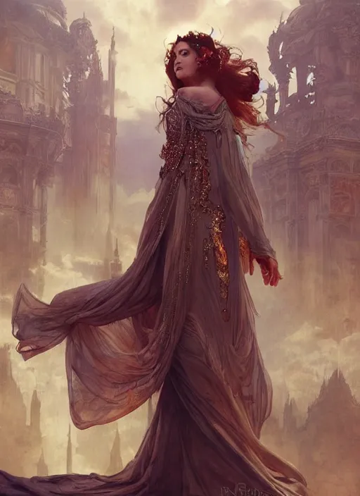 Prompt: a beautiful portrait of a sorceress floating on air with elegant looks, flowing robe, ornate and flowing, intricate and soft by ruan jia, tom bagshaw, alphonse mucha, wlop, beautiful roman architectural ruins in the background, epic sky, vray render, artstation, deviantart, pinterest, 5 0 0 px models