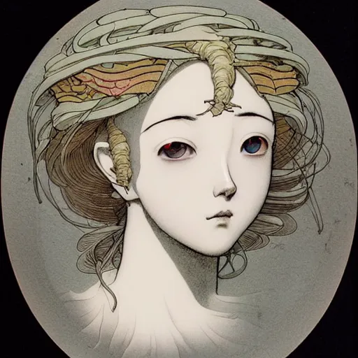 Image similar to prompt: Fragile looking vessel portrait face drawn by Katsuhiro Otomo, inspired by Carlo Dolci, magical and alchemical objects on the side, soft light, white background, intricate detail, intricate ink painting detail, sharp high detail, manga and anime 2000