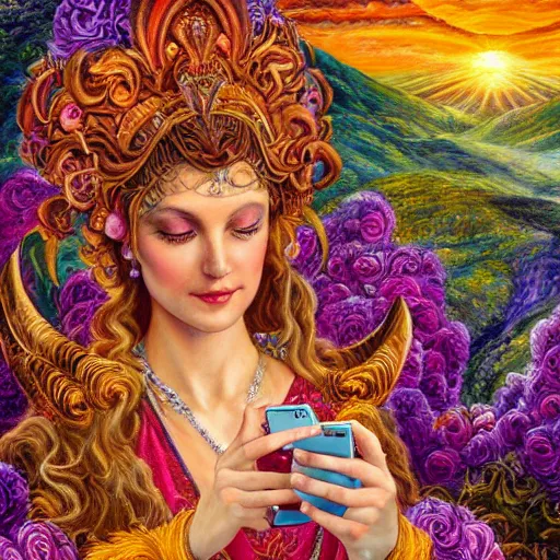 Image similar to a painting by josephine wall depicting aires as a goddess large ram horns, checking her cell phone, erupting volcano and sunrise in distance in background, flowers in foreground, acrylic on canvas, intricately detailed, highly detailed, high resolution, hd, 8 k, wallpaper, trending on artstation, zodiac, fantasy