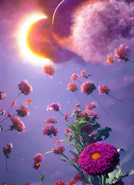 Image similar to An epic fantastic realism comic book style painting of the most beautiful flowers launched into space, bouquets, solar eclipse, fisheye, unreal 5, DAZ, hyperrealistic, octane render, dynamic lighting