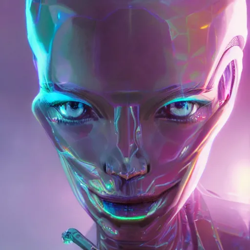 Image similar to alien cyborg holographic, translucent princess, detailed portrait, intricate complexity, by greg rutkowski, artgerm, ross tran, conrad roset, takato yomamoto, ilya kuvshinov. 4 k, beautiful, cinematic dramatic atmosphere