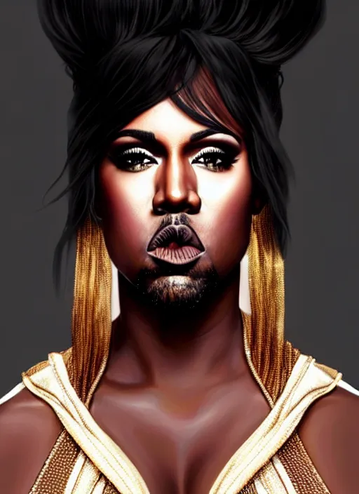 Image similar to kanye west in drag doing a cabaret show! intricate, elegant, highly detailed, digital painting, artstation, concept art, smooth, sharp focus, illustration, art by artgerm and greg rutkowski and alphonse mucha