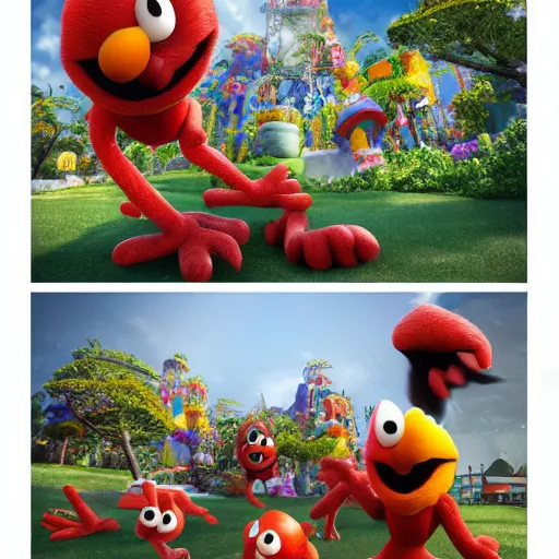 Image similar to stunning, coherent, impressive, detailed still of black family kicking elmo in a fantasy dream world park, follow shot, 3d, in the style of pixar, comic book style, 3d, highly detailed, sharp focus, bokeh, depth of field, 16k resolution, Unreal Engine 5, coherent, cinematic lighting, photorealistic, by Zhang Jingna