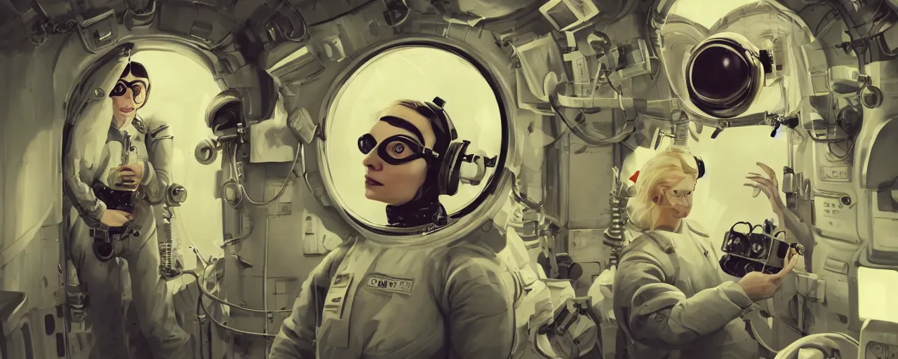 Image similar to illustration 3 / 4 portrait of stoic heroic emotionless butch blonde woman engineer with short slicked - back hair, wearing victorian goggles, working in zero gravity on space station, awkward and uncomfortable and anxious, dirty, dynamic composition by sergey kolesov. industrial space program, scifi, hyper detailed. octane render. concept art. trending on artstation