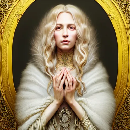 Image similar to portrait painting of a beautiful and regal blonde lady wearing a feathered cloak and noble garments, ultra realistic, concept art, intricate details, eerie, highly detailed, photorealistic, octane render, 8 k, unreal engine. art by artgerm and greg rutkowski and charlie bowater and magali villeneuve and alphonse mucha