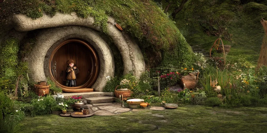 Prompt: a hobbit in his home at the shire, fantasy hi quality 4 k render,