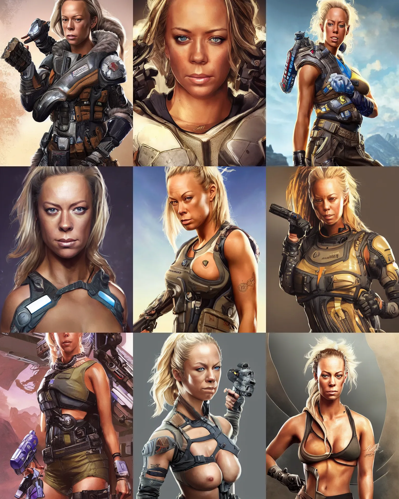 Prompt: Kendra Wilkinson as an Apex Legends character digital illustration portrait design by, Mark Brooks and Brad Kunkle detailed, gorgeous lighting, wide angle action dynamic portrait