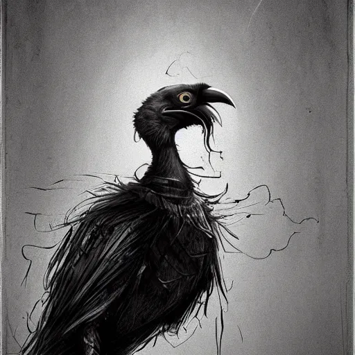 Image similar to surrealism grunge cartoon sketch of a human raven with a wide smile by - michael karcz, loony toons style, horror theme, detailed, elegant, intricate