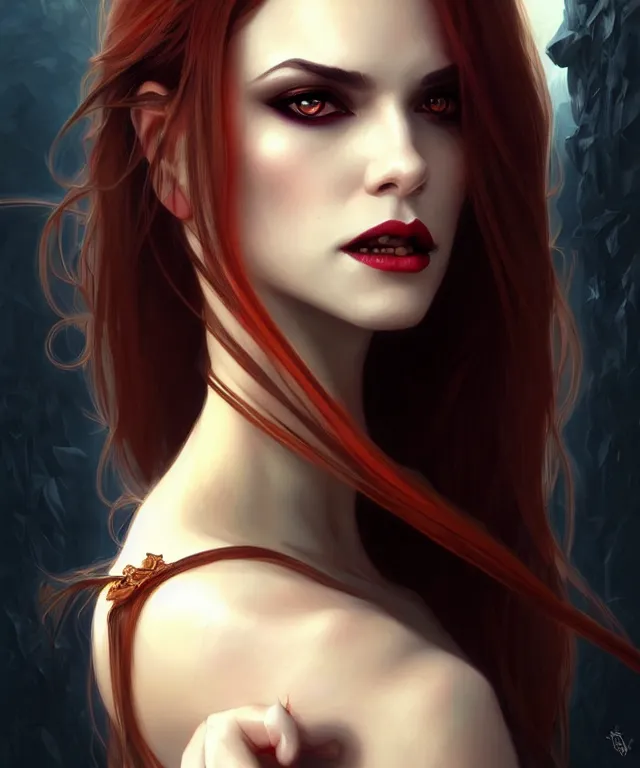 Image similar to A very beautiful lady vampire hypnotises you to bite your neck, sci-fi, amber eyes, face, long hair, fantasy, intricate, elegant, highly detailed, digital painting, artstation, concept art, smooth, sharp focus, illustration, art by artgerm and greg rutkowski and alphonse mucha