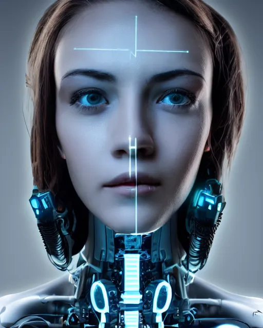 Image similar to close up photo portrait of sleepy female with cyberpunk robotic mechanic implants with linear bright led lights over face and neck, inside white room, ultra - realistic intricate and detailed, 8 k