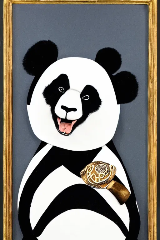 Image similar to a portrait of a biomorphic panda wearing high fashion clothes and jewelry looking at the camera