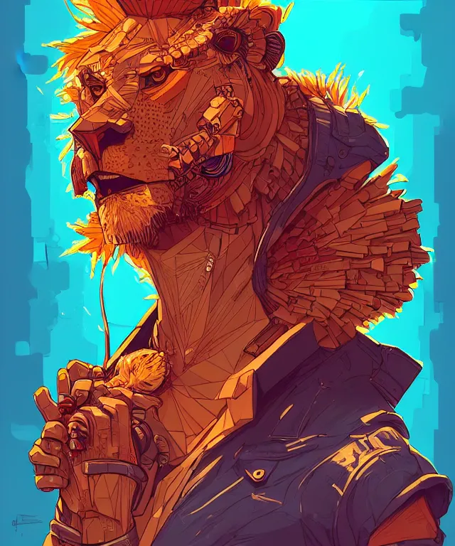 Image similar to a portrait of an anthropomorphic cyberpunk lion holding a turkey leg, fantasy, elegant, digital painting, artstation, concept art, matte, sharp focus, illustration, art by josan gonzalez