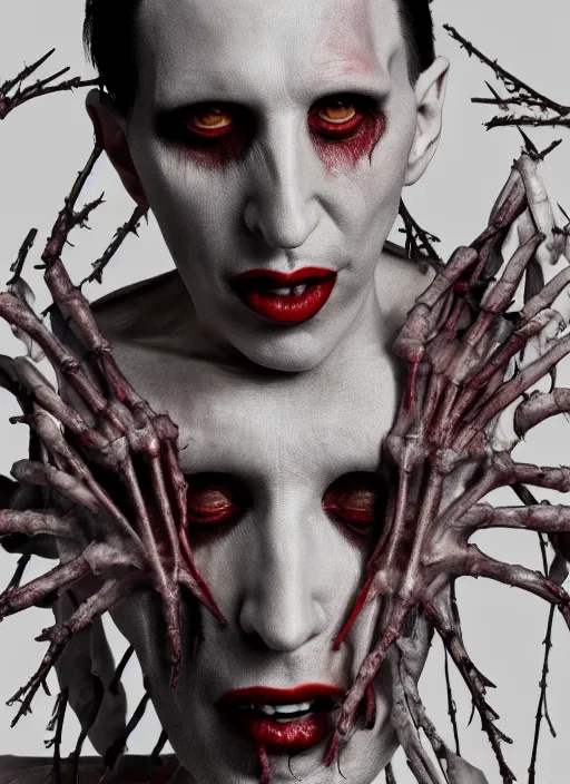 Image similar to portrait of marilyn manson with translucent skin, visible muscles and veins and arteries and bones and spines and nerves, beautiful detailed intricate insanely detailed octane render, 8 k artistic photography, photorealistic, chiaroscuro, by david cronenberg, raphael, caravaggio