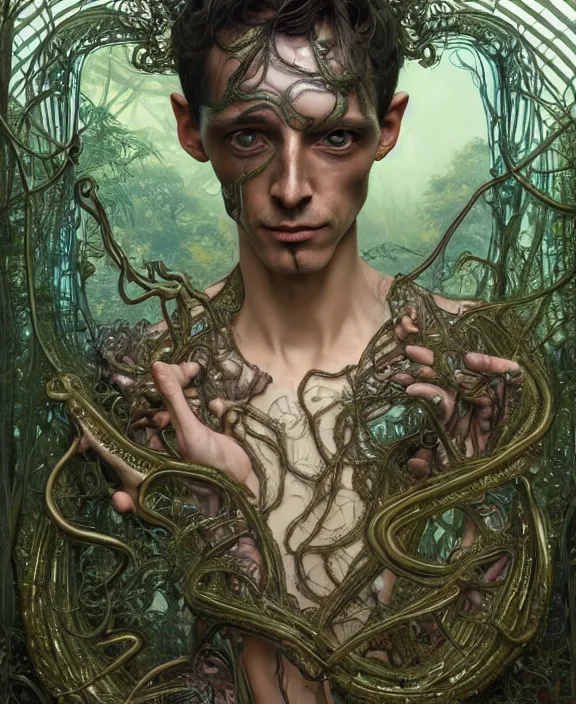 Image similar to intricate ornate opulent transparent clear see - through portrait of a terrifying beautiful skinny male alien centipede, mottled coloring, adorable, childlike, overgrown jungle environment, ultra realistic, concept art, art nouveau, photorealistic, octane render, 8 k, unreal engine. art by christopher marley and artgerm and greg rutkowski and alphonse mucha