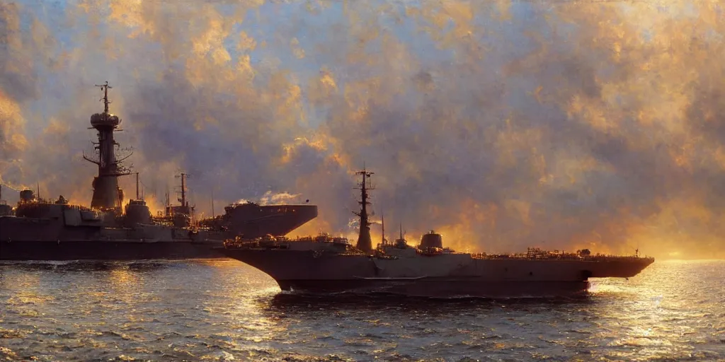 Image similar to detailed cinematic wide shot of world war 2 battleship, ultra realistic, spring light, painting by gaston bussiere, craig mullins, j. c. leyendecker.