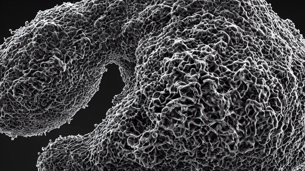 Prompt: beautiful 3 d closeup photo of deadly virus infecting a cell, seen through a microscope, detailed, high contrast, dark, sinister, ambient, monochrome, depth of field, scientific illustration, 8 k, octane render