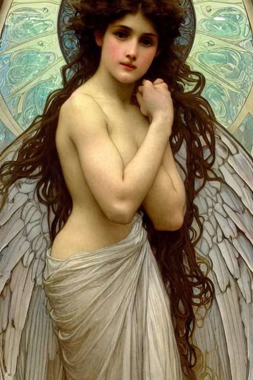 Prompt: portrait of a beautiful angel, intricate, elegant, highly detailed by alphonse mucha and william - adolphe bouguereau and john william waterhouse