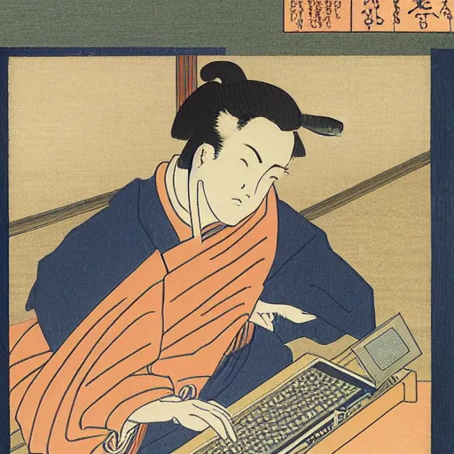 Image similar to a guy typing in a computer, by Hokusai