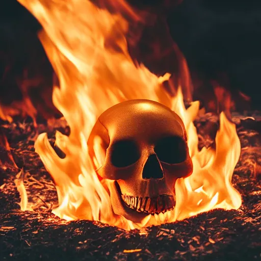 Prompt: golden human skull burning in fire