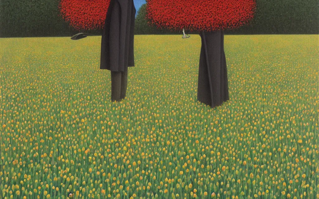 Image similar to grim reaper with no face, holding justice scale, looking at you in distance in beautiful meadow of flowers, detailed painting by rene magritte