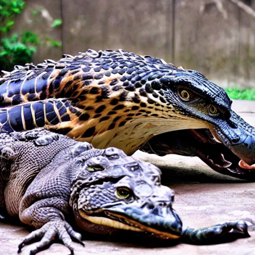 Image similar to hawk and alligator mutant animal,realistic, picture taken in zoo