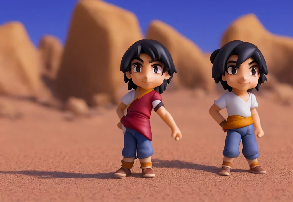 Image similar to profile view of young aladdin as nendoroid walking in a desert, wearing typical clothes, 8 k, hd, dof, kodak film, volumetric lighting, subsurface scattering, photorealistic, octane render