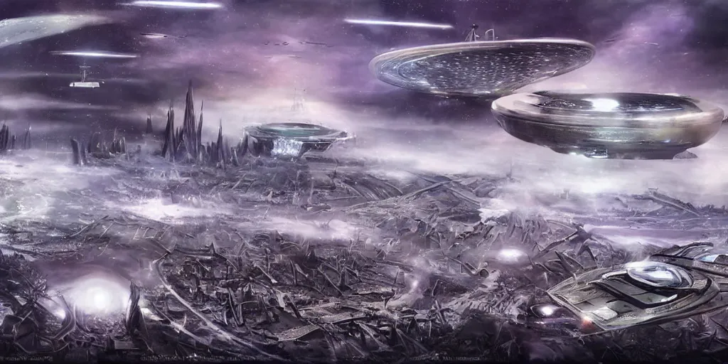 Image similar to future forest city attacked by spaceship, star trek, concept art, ice mist, glory war,