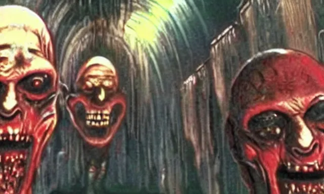 Image similar to full - color cinematic movie still from a 1 9 8 7 horror film by clive barker featuring cenobites welcoming terrified sinners to the hellish underworld. creepy ; frightening.