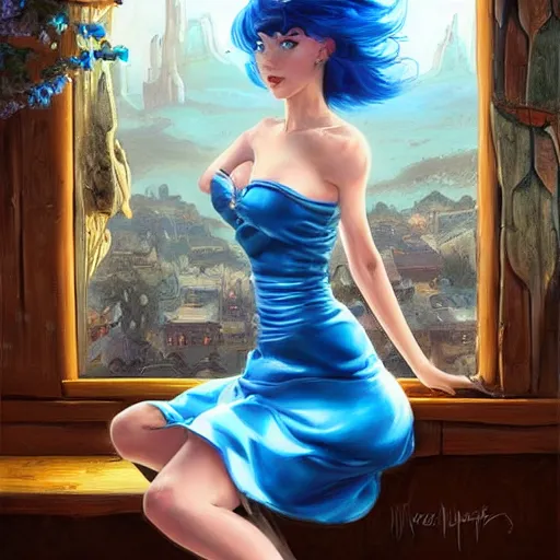 Image similar to a smiling happy beautiful barmaid with short blue hair wearing a satin red dress in a rustic saloon, beautiful blue eyes, fantasy, intricate and very beautiful and elegant, highly detailed, digital painting, artstation, concept art, smooth and sharp focus, illustration, art by peter mohrbacher and tan zi and artgerm