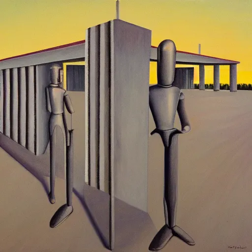 Image similar to robot bishop guards, human prisoners, brutalist supermax prison facility, end times, grant wood, pj crook, edward hopper, oil on canvas