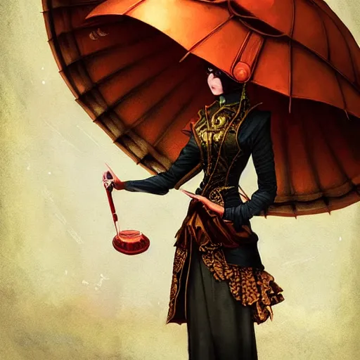 Image similar to steampunk Chinese lady with umbrella, detailed, digital painting, concept art, smooth, sharp focus, illustration, by Anato Finnstark, Tom Bagshaw, Brom