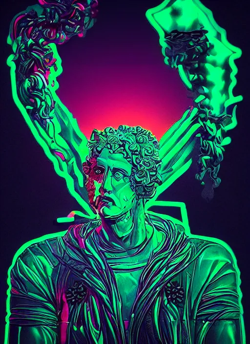 Image similar to statue of dionysus, beeple, android jones, dan mumford, vaporwave, retrowave, black background, neon wiring, black, glitch, strong contrast, cuts, pinterest, trending on artstation