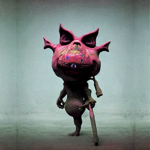 Image similar to boglin toy by beksinski, banksy and tristan eaton, dark neon trimmed beautiful dystopian digital art