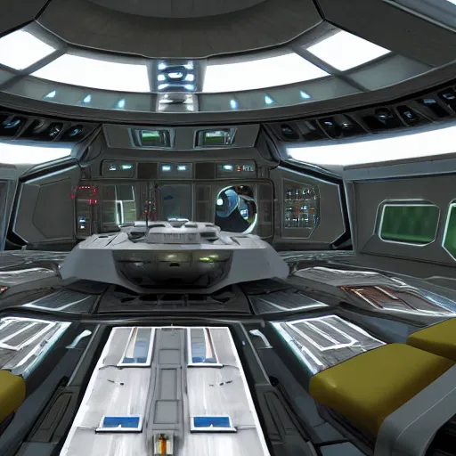 Prompt: inside of the deck of the federation spaceship dakota where the crew is preparing for combat maneuvers against a romulan spaceship, star trek universe, rendered in 3d anime graphics