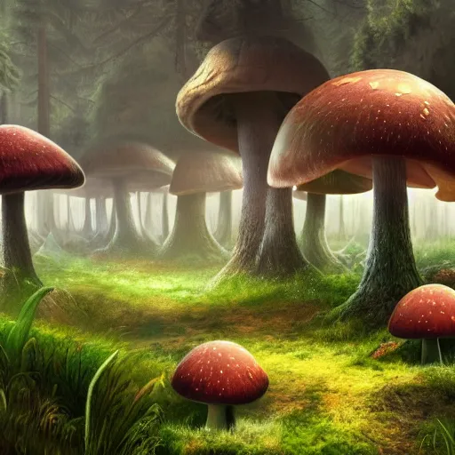 Prompt: giant mushroom forest, hyperrealistic, digital art, unreal engine, hyperdetailed, psychedelic, 4 k, 8 k, artstation, nature