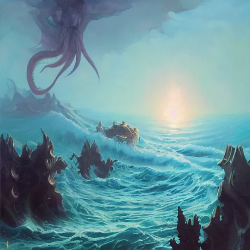 Image similar to oil painting of cthulhu rising from the ocean, epic scene, gigantic monster, peter mohrbacher