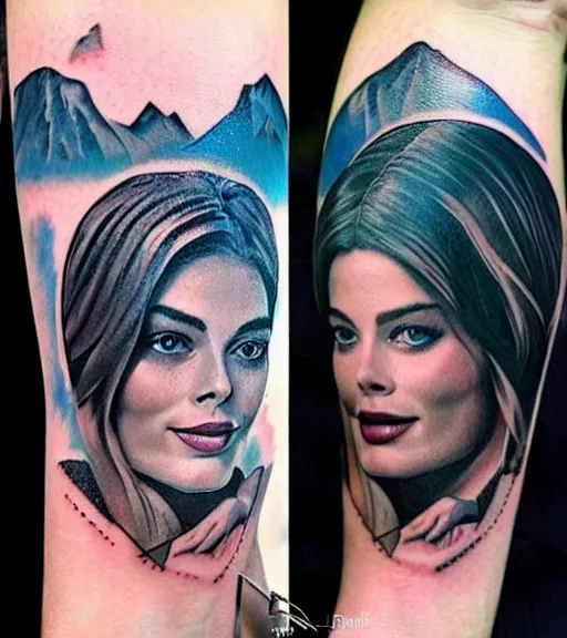 Image similar to tattoo sketch of margot robbie mash up with amazing mountain scenery and nature, double exposure effect, in the style of arlo dicristina, hyper realism, amazing detail, sharp