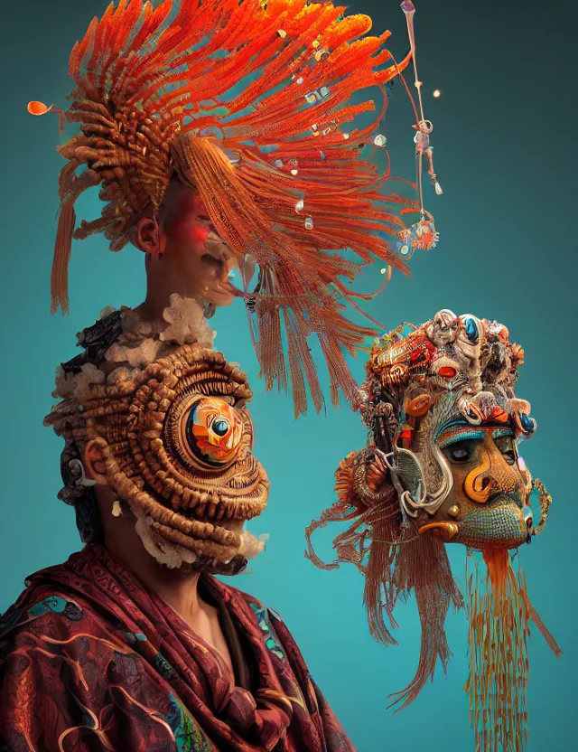 Prompt: 3 d witch doctor portrait. beautiful intricately detailed african mask and clasical japanese kimono. betta fish, jellyfish phoenix, bio luminescent, plasma, ice, water, wind, creature, artwork by tooth wu and wlop and beeple and greg rutkowski