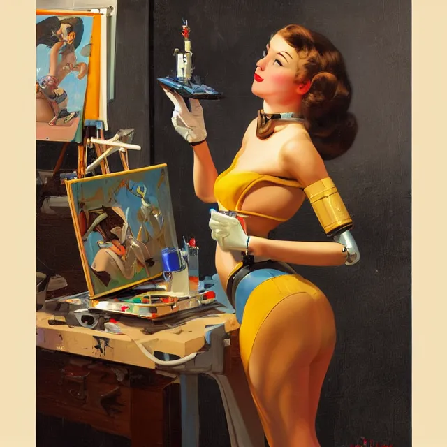 Image similar to robot artist painting a self - portrait on a canvas. intricate, highly detailed, digital matte painting, in the style of sachin teng, and in the style of gil elvgren. irony, recursion, inspiration.