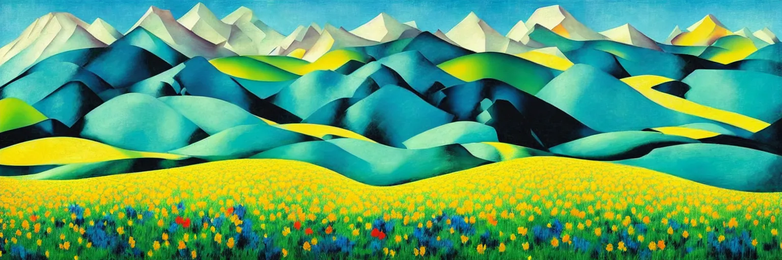 Image similar to mountain landscape in spring!!, flowers, teal landscape, dreamy light, sunny complementary palette, by and jacek yerga and tamara de lempicka and jesse king, pop surrealist, wiccan