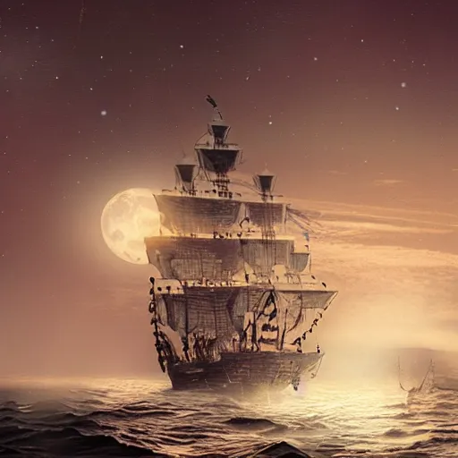 Image similar to extravagant pirate ship sailing over the still sea at night. moonlight. concept art. matte painting