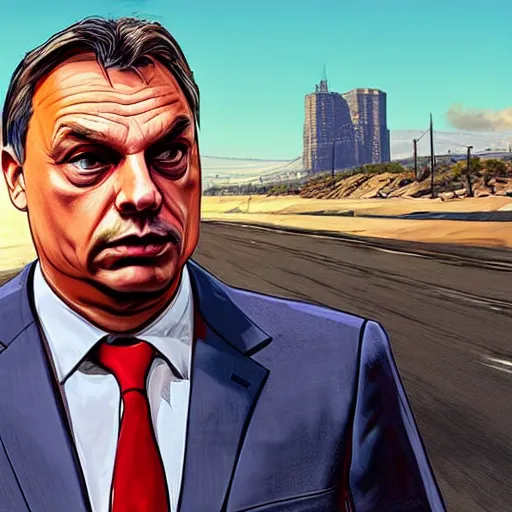Prompt: Viktor Orbán in GTA V cover art