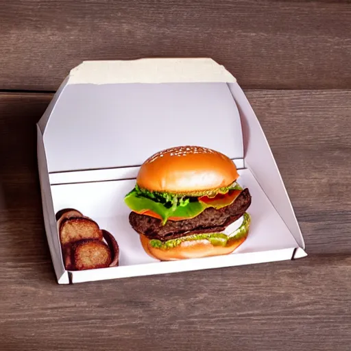 Prompt: A hamburger in the shape of a shoe box, professional food photography